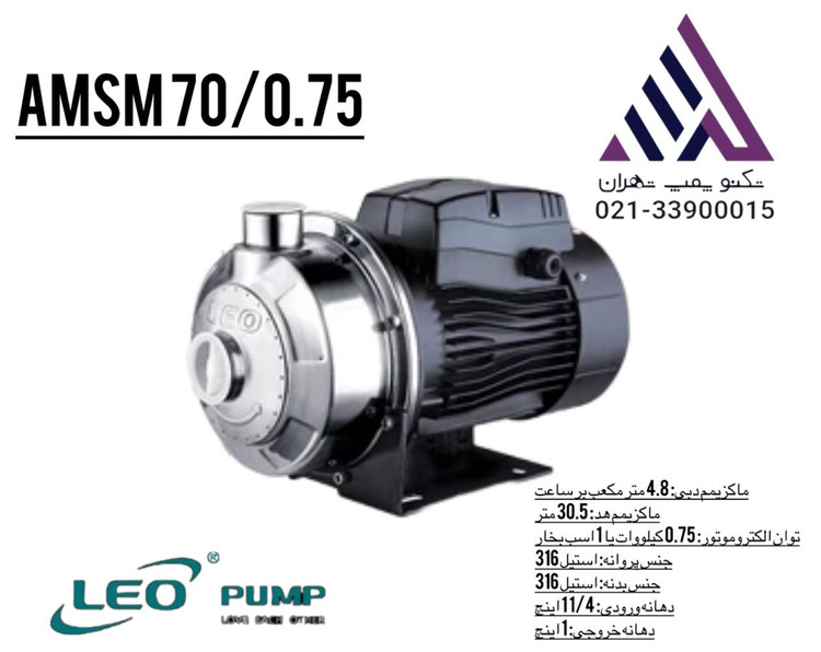 لئو | پمپ بشقابی سانتریفیوژ استیل 304 | مدل AMSM70/0.75 | تکفاز | 1 اسب | 1 اینچ | هد 30 متر