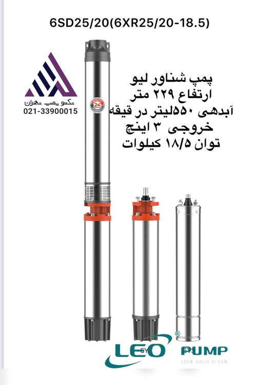 پمپ شناور 6XR25/20-18.5 لئو | 20 مرحله، هد 229 متر، توان 18.5 کیلووات