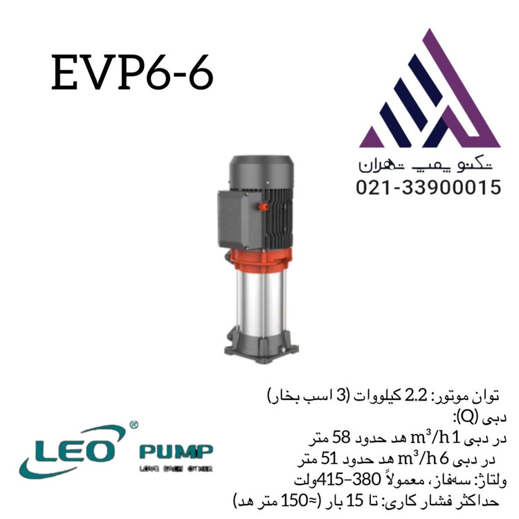 پمپ عمودی چندمرحلهای لئو | مدل EVP 6-6 | سه فاز 3 اسب | دبی 6 مترمکعب | هد تا 58 متر | تکنوپمپ تهران