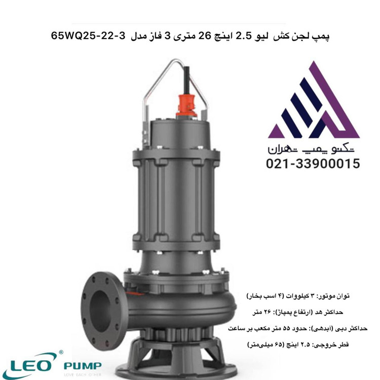 پمپ لجن کش لئو 65WQ25-22-3 سه فاز 4 اسب خروجی 2/5 اینچ هد 26 متر مناسب فاضلاب و گل و لای
