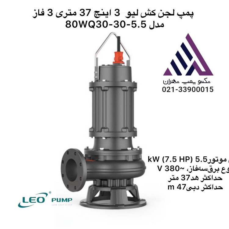 پمپ لجن کش لئو مدل 80WQ30-305.5 چدن سه فاز 5.5 کیلووات 7.5 اسب بخار خروجی 3 اینچ با پروانه نیمه باز و مکانیکال سیل دوبل)