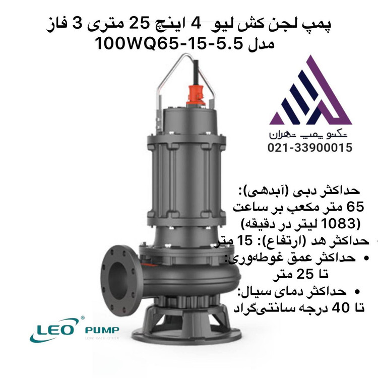 پمپ لجن کش لئو مدل 100WQ65-15-5.5 سه فاز با خروجی 4 اینچ و هد 25 متر مناسب فاضلاب صنعتی