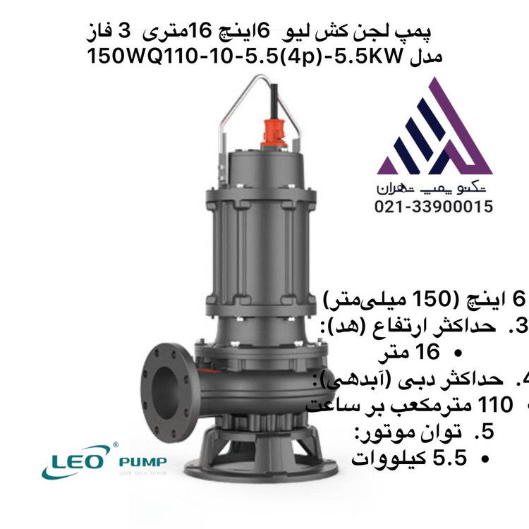 متن لجن کش لئو مدل 150WQ110-10-5.5 سه فاز با خروجی 6 اینچ و هد 16 متر مناسب فاضلاب صنعتی