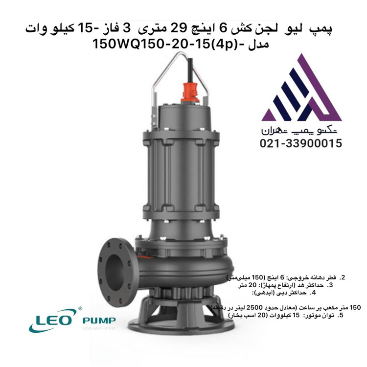 پمپ لجن کش لئو تکنوپمپ مدل 150WQ150-20-15(4) سه فاز با توان 20 اسب هد 29 متر خروجی 6 اینچ