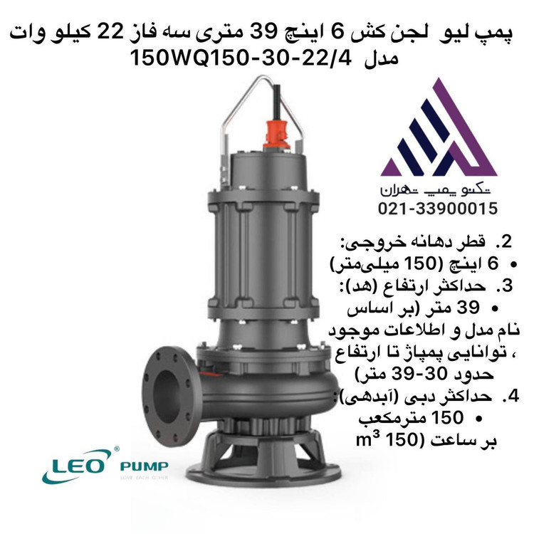 پمپ لجن کش لئو تکنوپمپ مدل 150WQ150-30-22/4 سهفاز 30 اسب خروجی 6 اینچ هد 39 متر»
