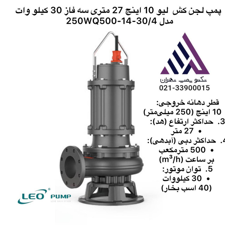 250WQ500-14-30-4.jpg" alt="پمپ لجن کش لئو مدل 250WQ500-14-30/4 سه فاز 40 اسب خروجی 10 اینچ هد 27 متر مناسب فاضلاب و گل و لای"