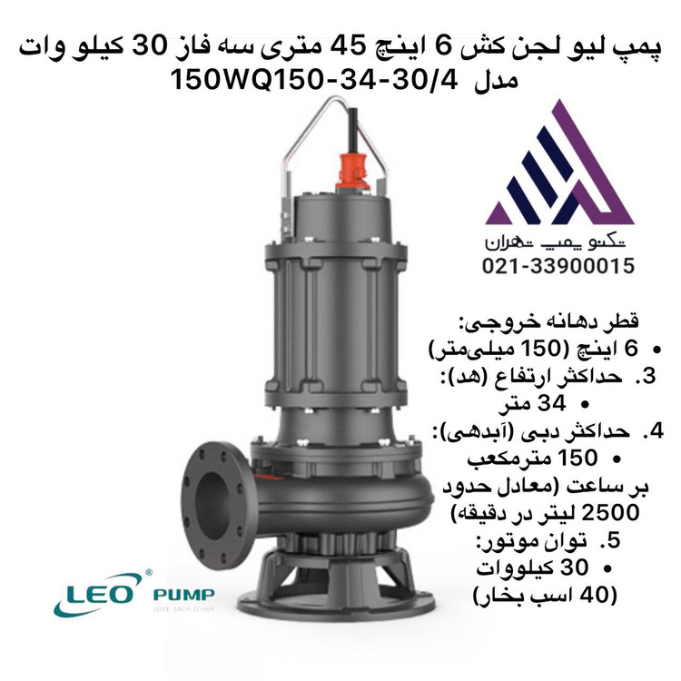 پمپ لجن کش لئو 150WQ150-34-30/4 سه فاز 40 اسب خروجی 6 اینچ هد 45 متر مناسب انتقال فاضلاب و گل و لای