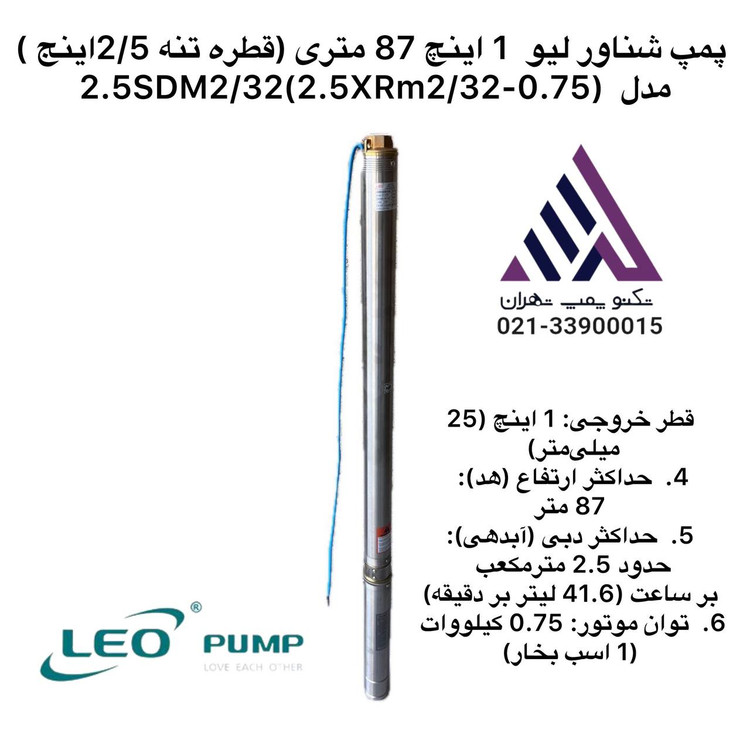 پمپ شناور استیل لئو مدل 2.5XRM2/32-0.75 تکفاز 0.75 اسب خروجی 1 اینچ هد 87 متر
