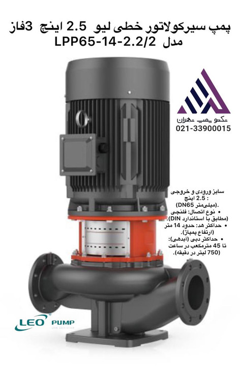 پمپ سیرکولاتور خطی گرمایشی لیو مدل LPP65-14-2.2 سهفاز 3 اسب، خروجی 2.5 اینچ، هد 17 متر | پمپ گردش آب گرم صنعتی | نمایندگی تکنوپمپ تهران