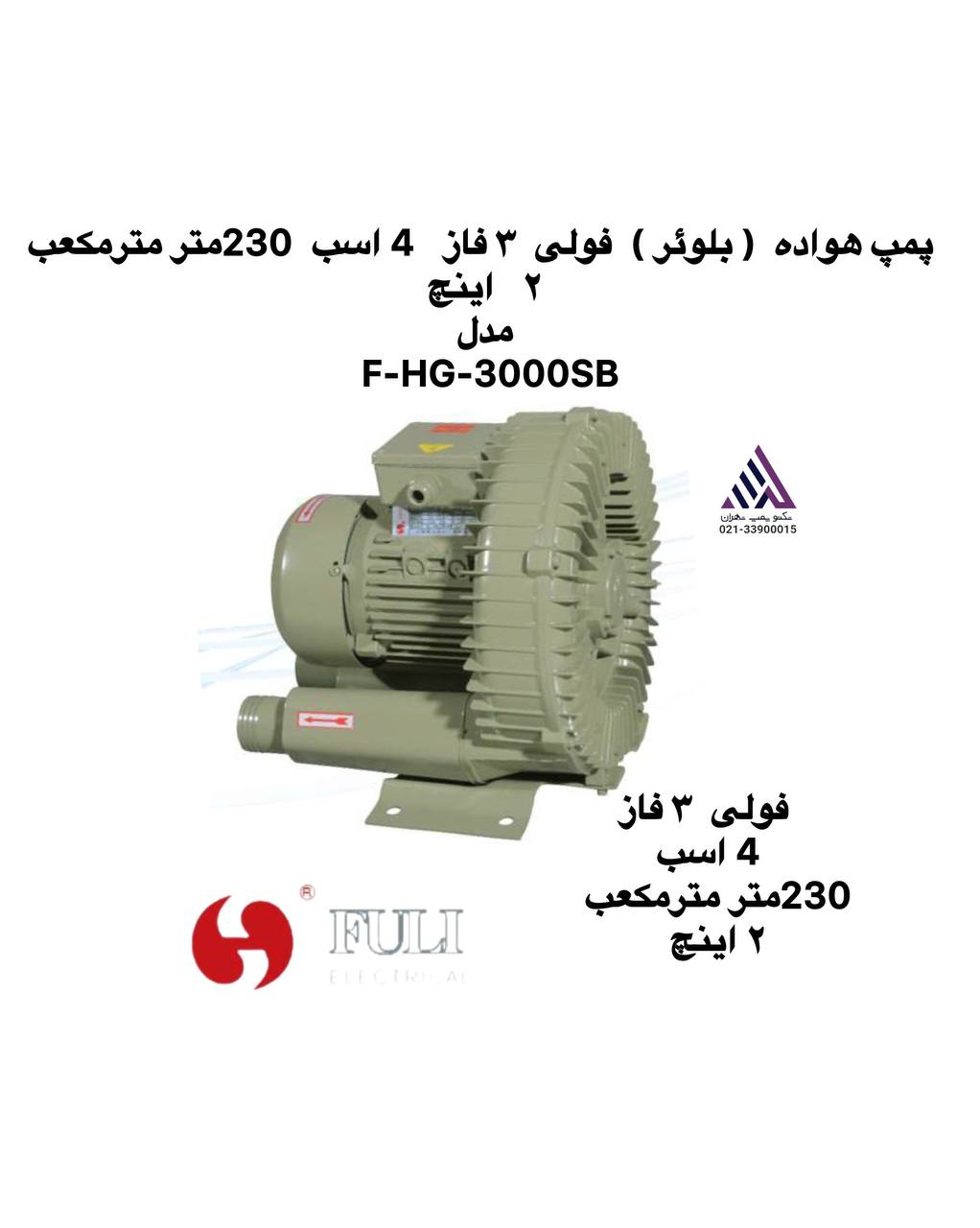 پمپ هواده  ( بلوئر )  فولی  ٣ فاز4 اسب  230متر مترمکعب  ٢اینچ مدل  F-HG-3000SB