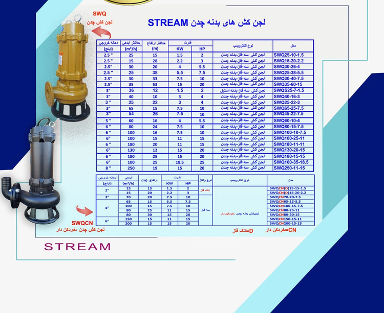 استریم | پمپ لجن کش | مدل SWQ100-10-7.5 | سه فاز 10 اسب | خروجی 6 اینچ هد | 10 متر