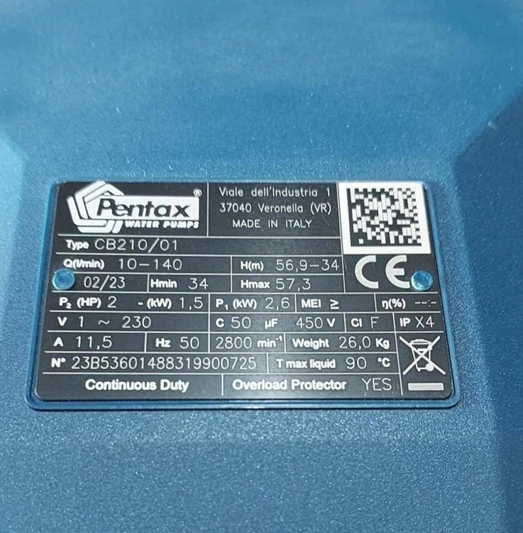 پنتاکس | پمپ بشقابی دو پروانه نوریل | مدل CB210/00 | تکفاز | اصلی | 2 اسب | خروجی 1 اینچ | هد 75 متر
