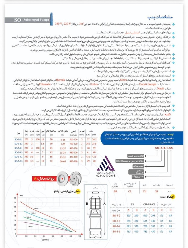 پمپ شناور 3 اینچ 45 متری اسپیکو مدل SO-3-3-3-SS,CH | تکنوپمپ تهران
