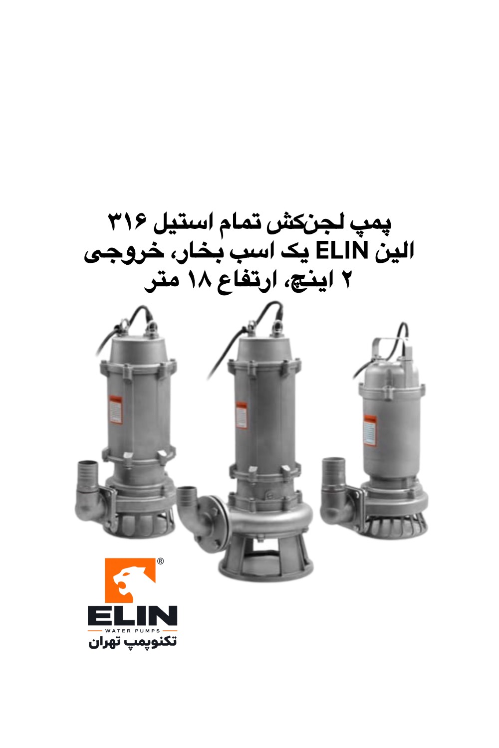 پمپ لجن‌کش الین ELIN یک اسب بخار ۲ اینچ با بدنه استیل ۳۱۶ و ارتفاع پمپاژ ۱۸ متر، تکنوپمپ تهران